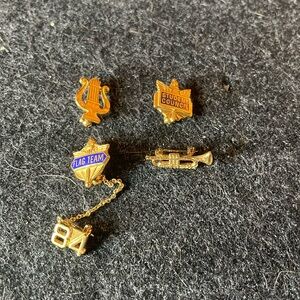 1980s Letterman pins (Flag team, trumpet, student council & music)